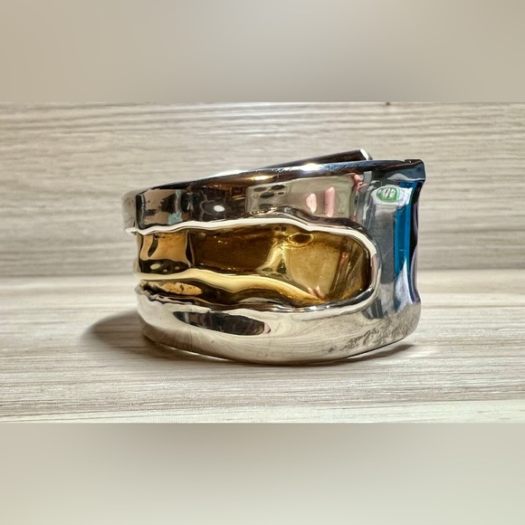 Modernist Designer Lazaro G. Sterling Silver & Brass Sculpted Cuff Bracelet - Picture 2 of 9